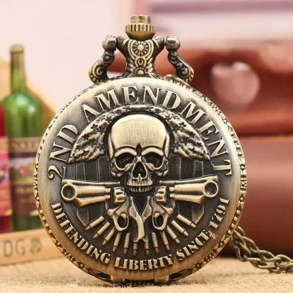 Skull Gun Cards Vintage Bronze Pocket Watch with Chain Necklace - Picture 7 of 7